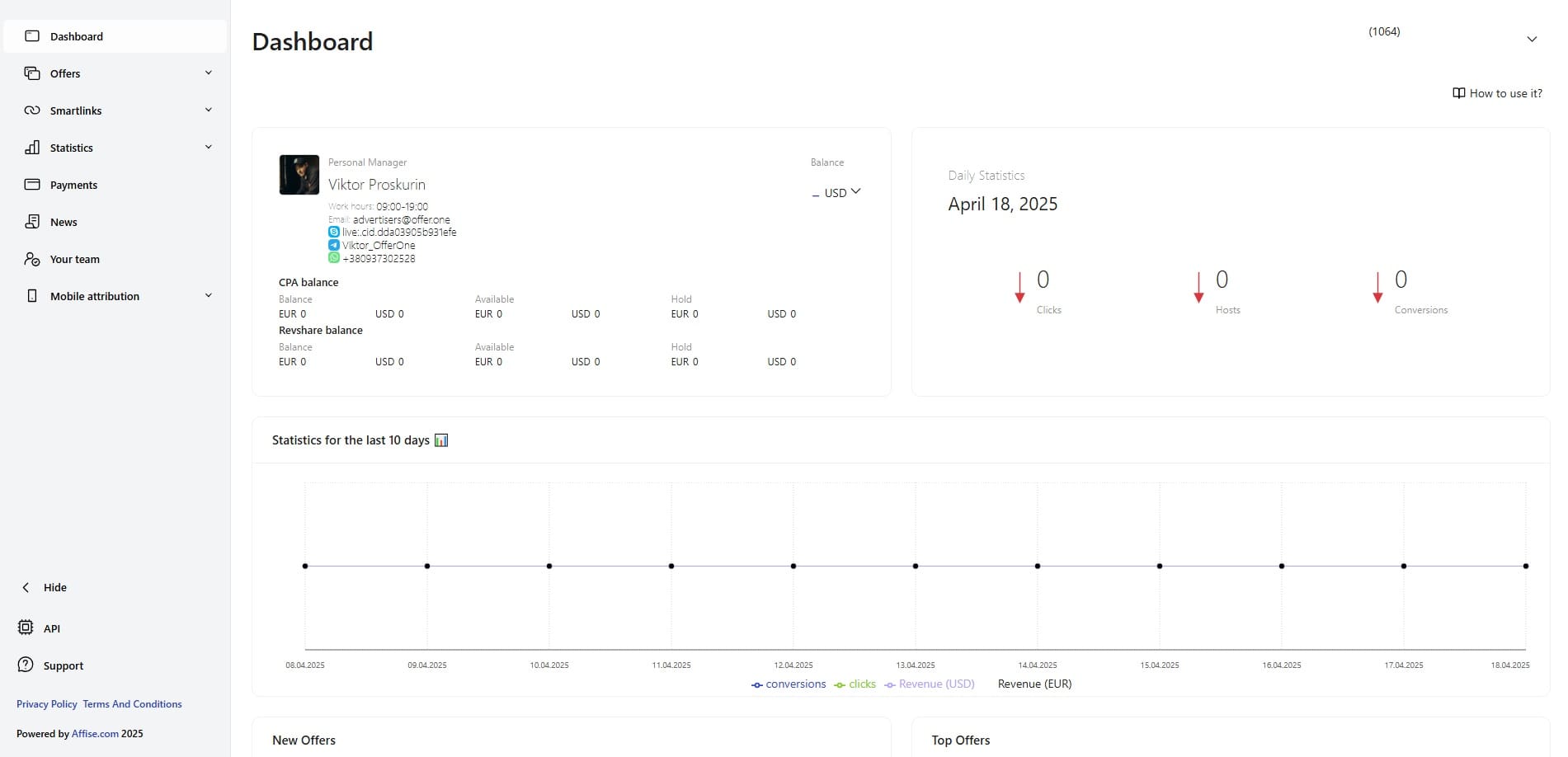 Affiliate network Offer.One dashboard